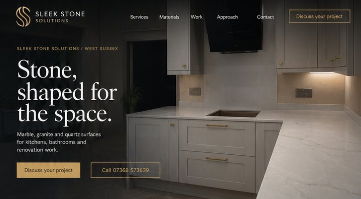 A Sitework website design for a West Sussex stone worktop company, showing the homepage hero