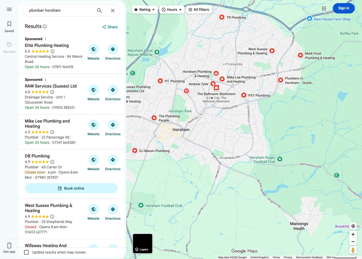 Google Maps results for plumber horsham on Friday 2 October 2026: two sponsored listings, then Mike Lee Plumbing and Heating 4.9 open 24 hours, DB Plumbing 4.9 closing soon and West Sussex Plumbing and Heating 4.9 closed