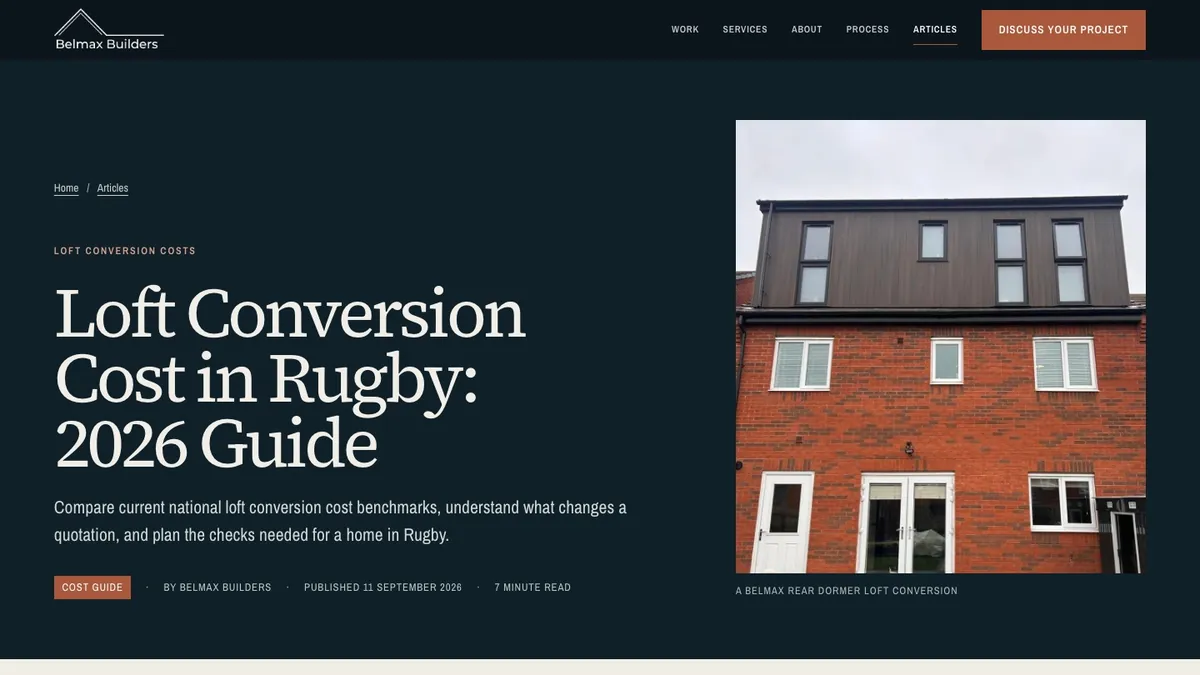 Belmax Builders article Loft Conversion Cost in Rugby: 2026 Guide, next to a photo of a finished rear dormer loft conversion on a brick house.