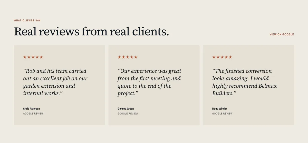 Three five-star Google reviews on the Belmax Builders website under the heading Real reviews from real clients, with a View on Google link.