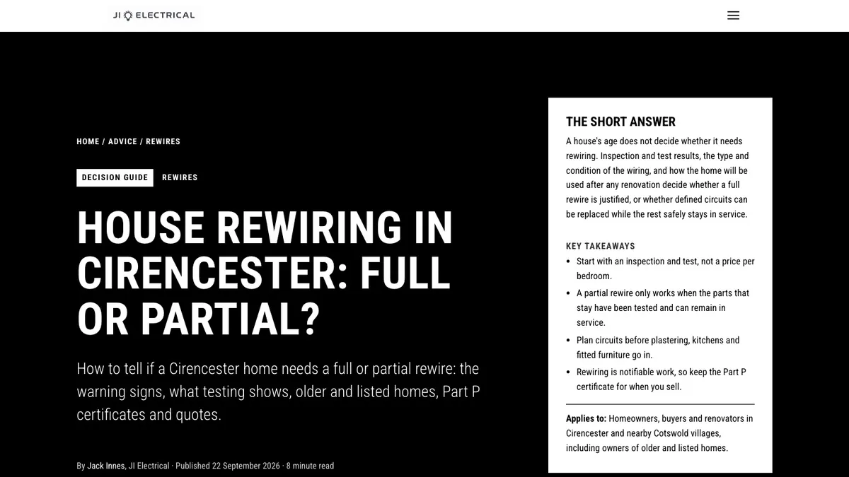 JI Electrical article House Rewiring in Cirencester: Full or Partial?, with a short answer and key takeaways panel beside the headline.