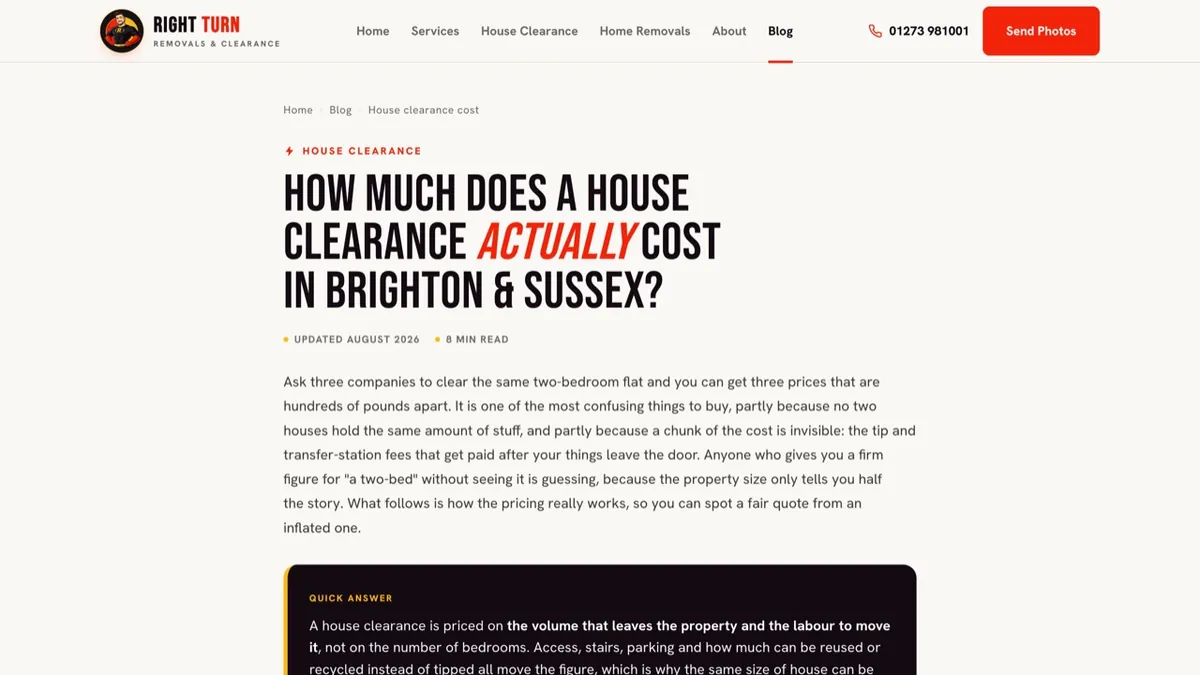 A Right Turn Removals article titled How much does a house clearance actually cost in Brighton and Sussex, with a Quick answer box.