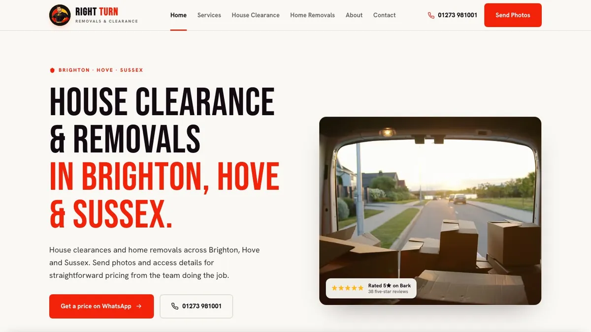 Right Turn Removals homepage: House Clearance and Removals in Brighton, Hove and Sussex, with a phone number and a Get a price on WhatsApp button above the fold.
