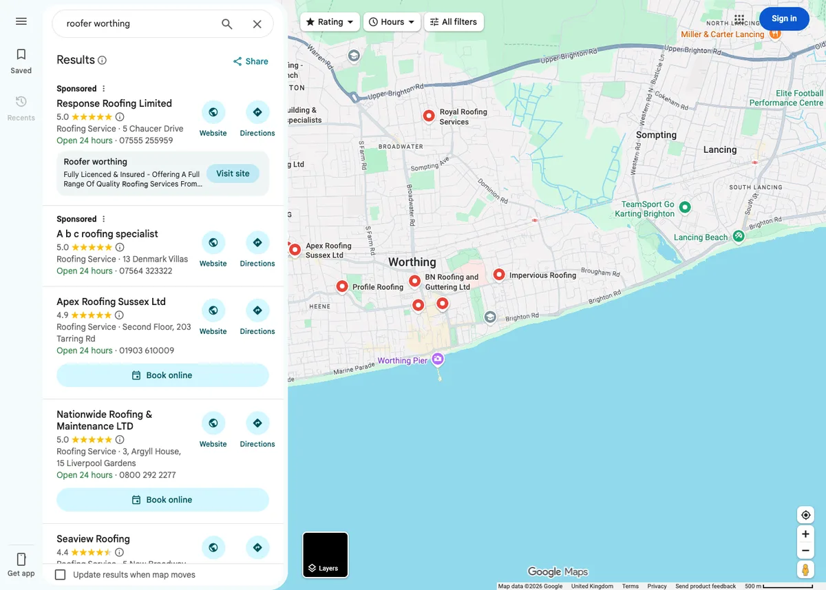 Google Maps results for roofer worthing on 2 October 2026: two sponsored listings, then Apex Roofing Sussex 4.9, Nationwide Roofing and Maintenance 5.0 and Seaview Roofing 4.4, each with a category, address, phone number and opening hours but no mention of any trade scheme