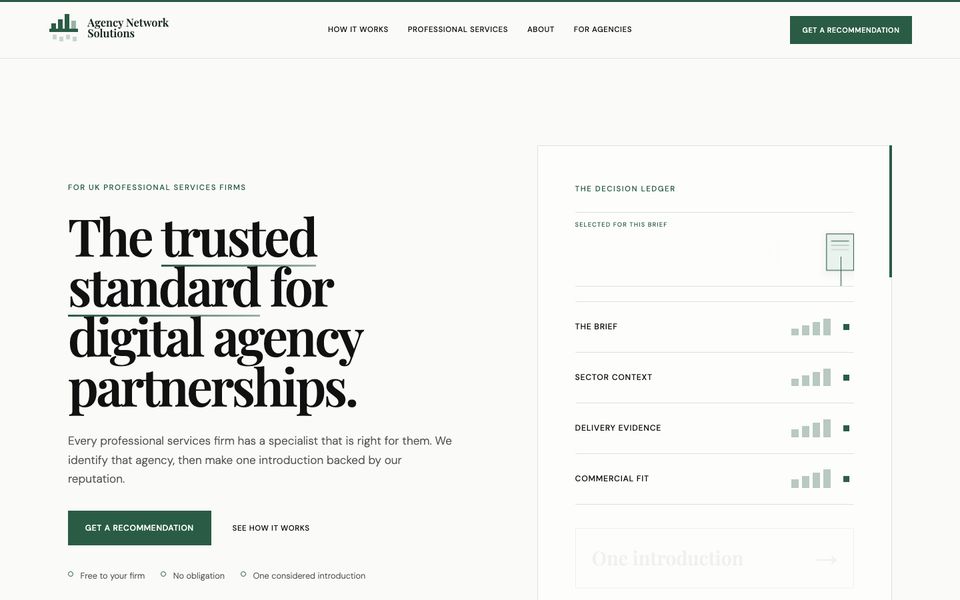 Agency Network Solutions homepage: agency recommendations for UK professional services firms.
