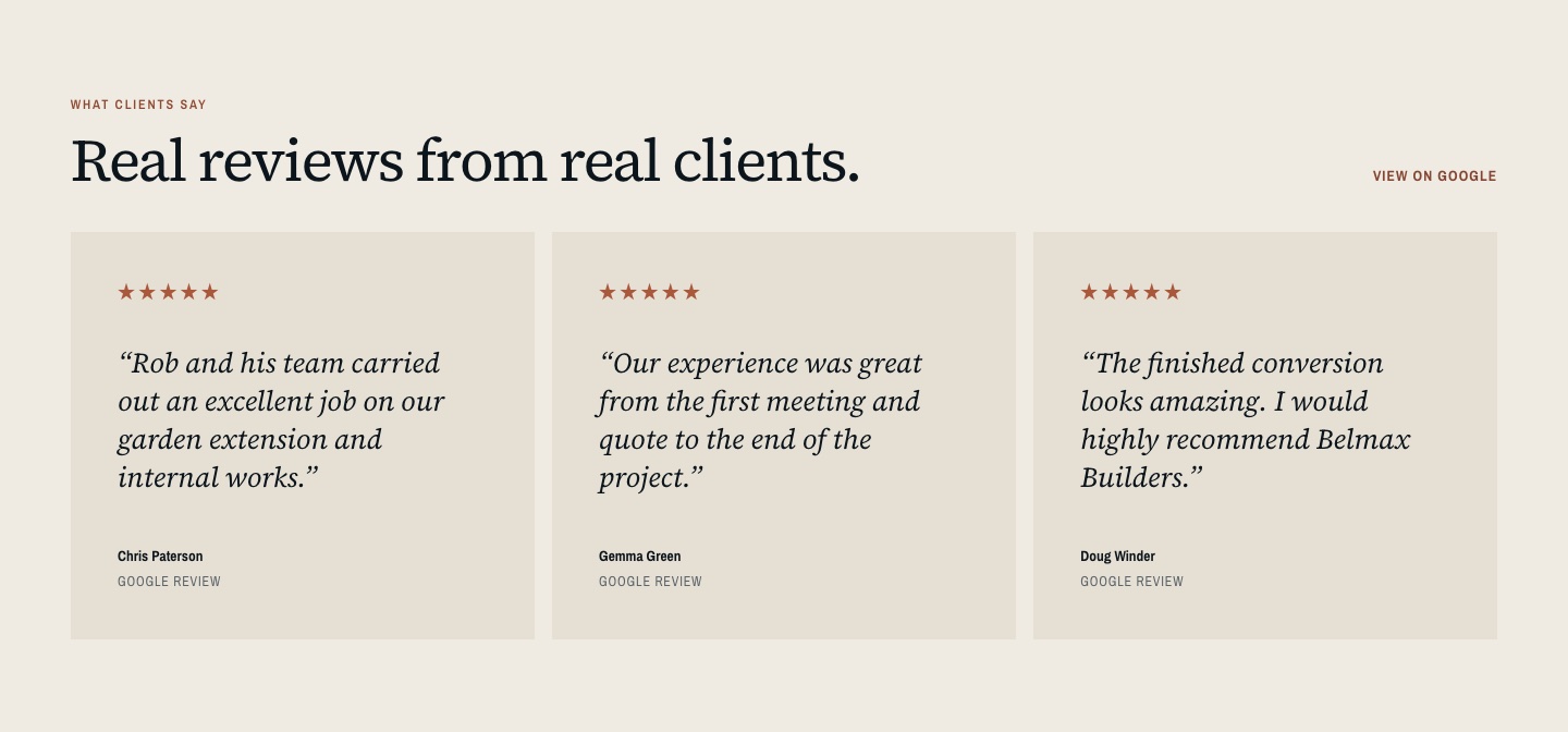 Belmax Builders website section, Real reviews from real clients, showing three five-star Google reviews.