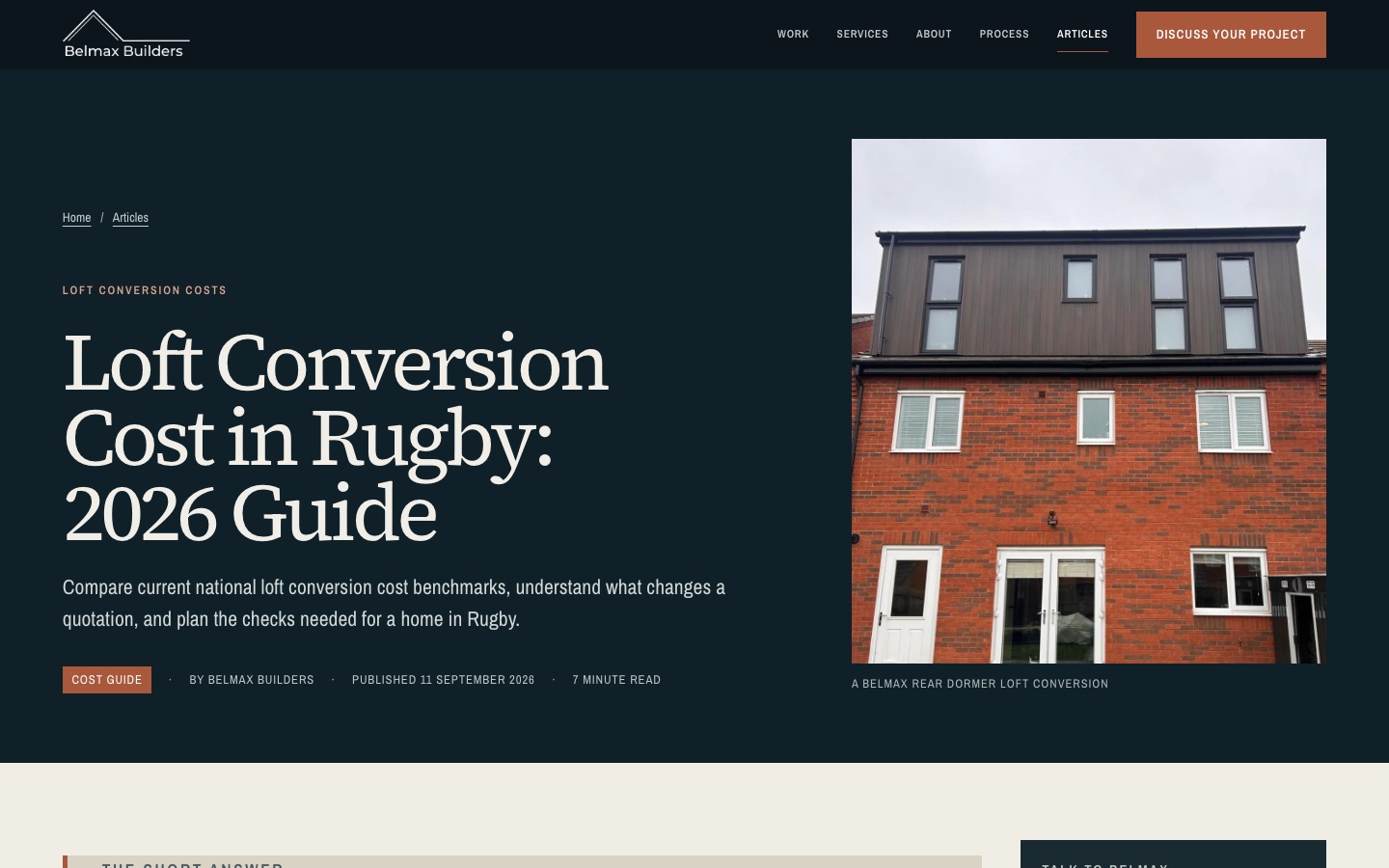 Belmax Builders article: Loft Conversion Cost in Rugby, 2026 Guide, with a photo of a finished rear dormer.