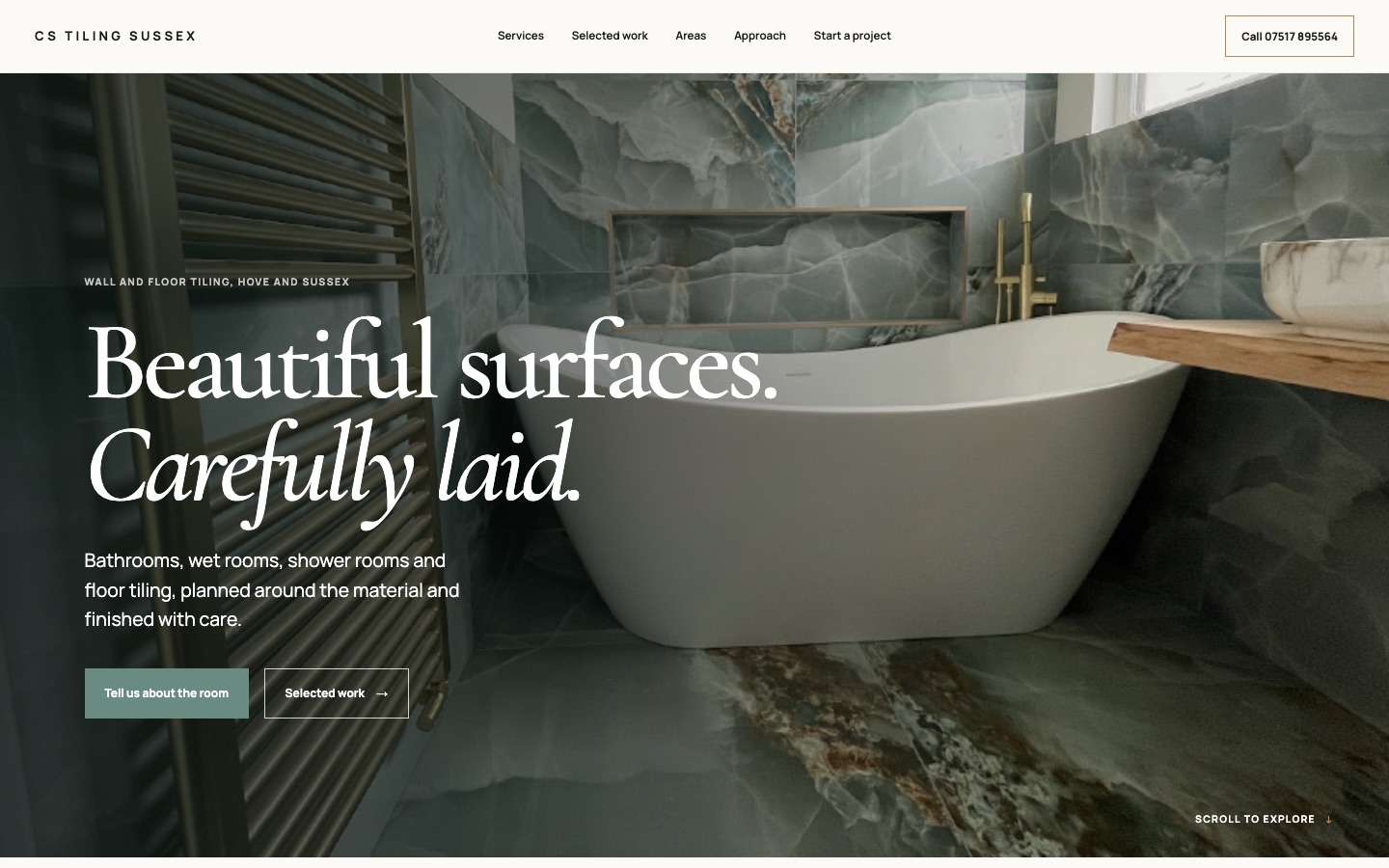 CS Tiling Sussex homepage: Beautiful surfaces, carefully laid, over a finished marble-effect bathroom.