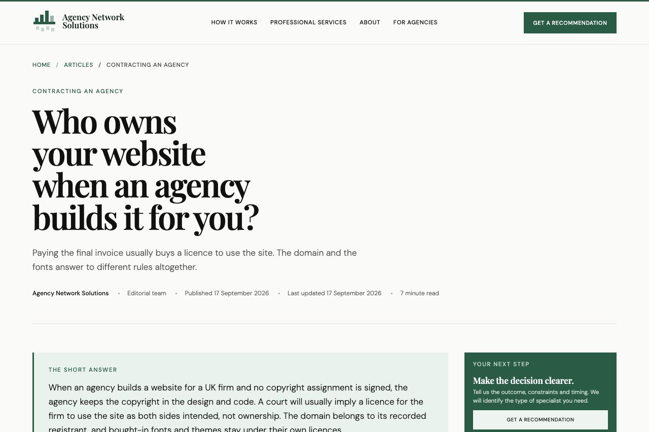 A published Agency Network Solutions article on who owns a website when an agency builds it, opening with a short answer block.