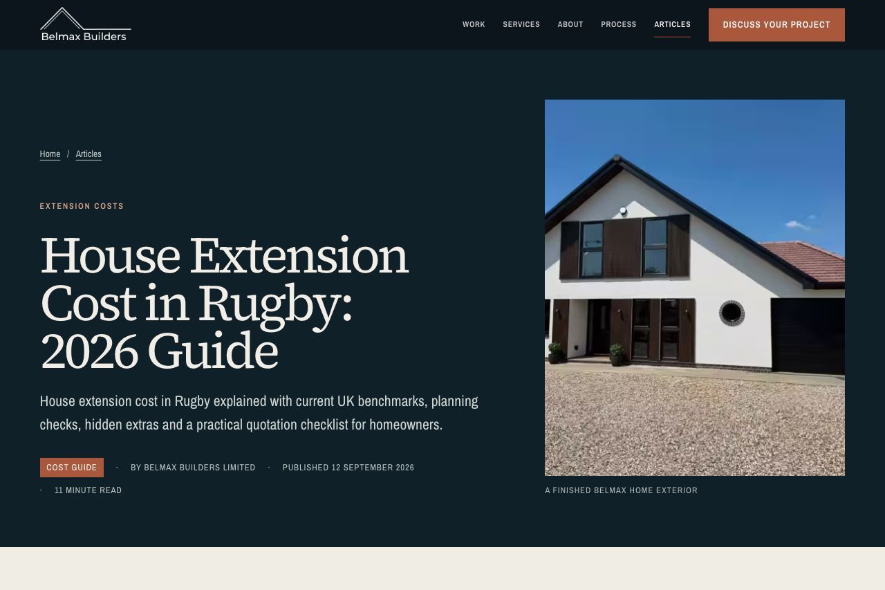 A published Belmax Builders cost guide on house extension costs in Rugby, with a byline, publish date and a finished Belmax project photo.