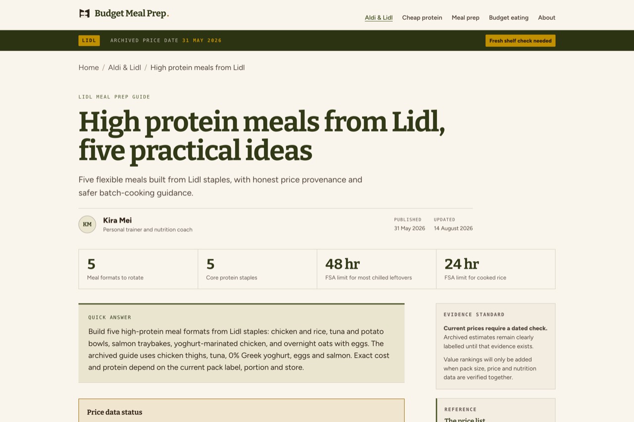 A published Budget Meal Prep guide on high protein meals from Lidl, showing the dated price banner, author byline and quick answer panel.