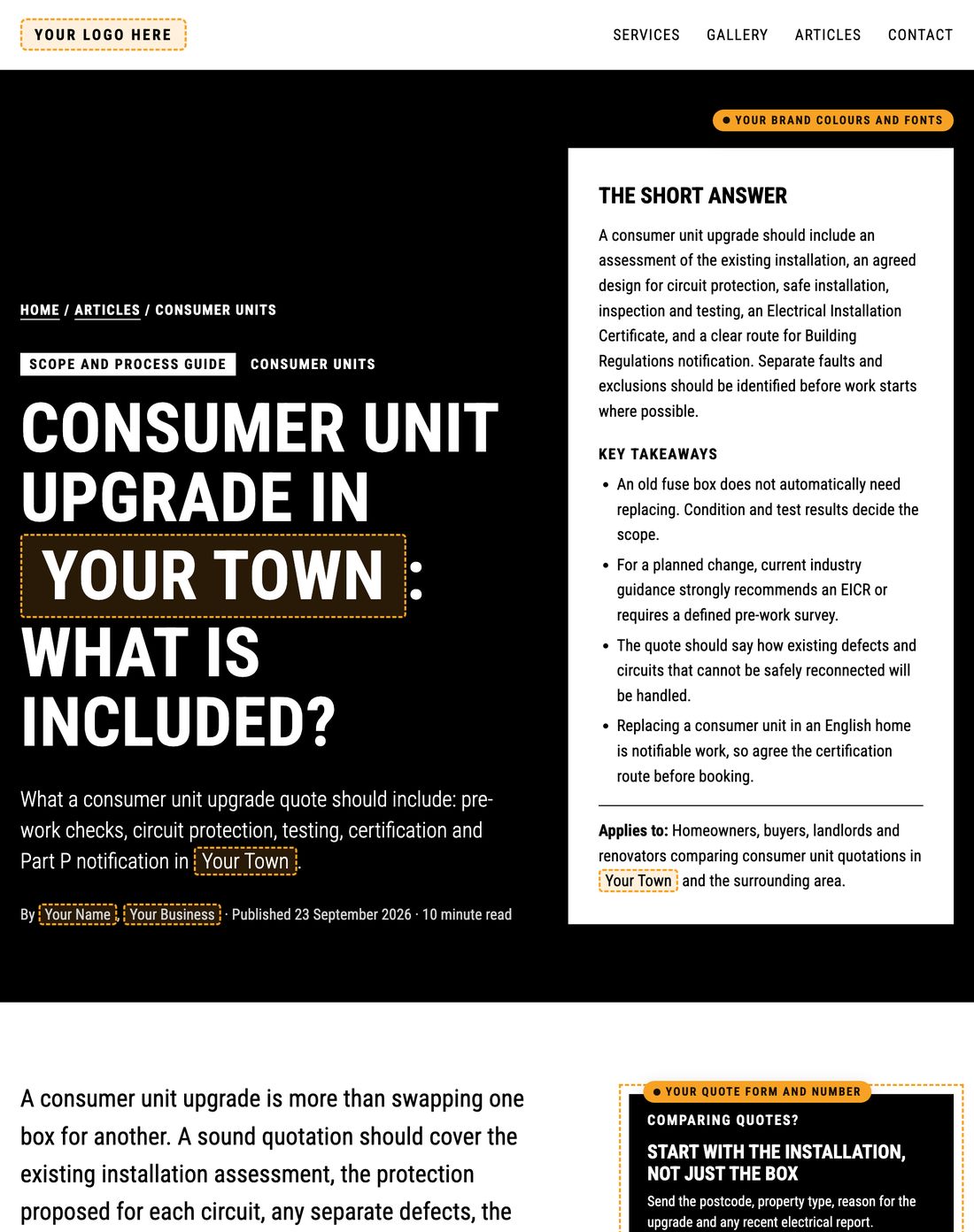 An example article titled Consumer Unit Upgrade in Your Town, with dashed labels marking where the client's logo, brand colours, town, name and business go.