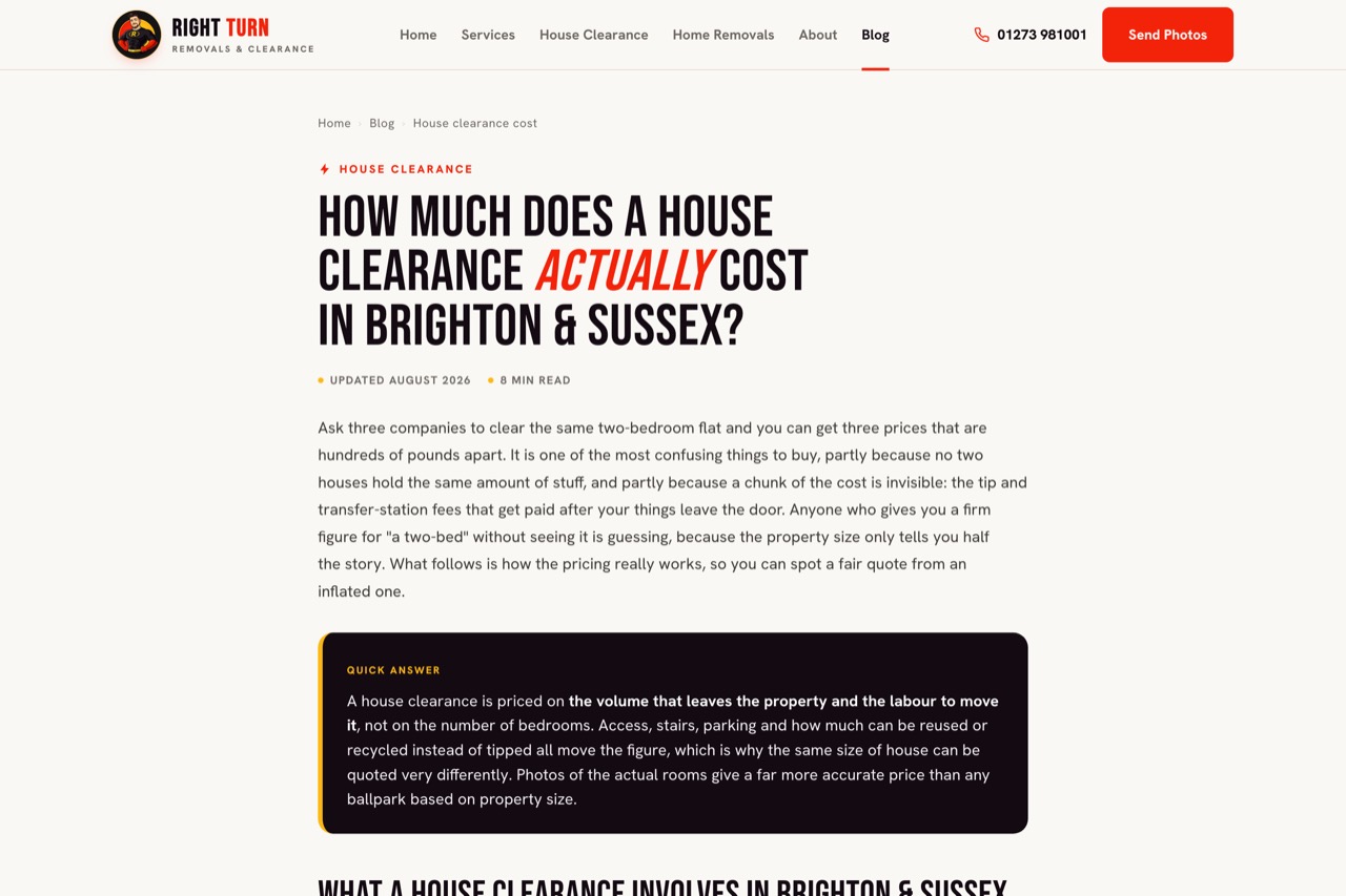 A published Right Turn Removals cost guide asking how much a house clearance actually costs in Brighton and Sussex.