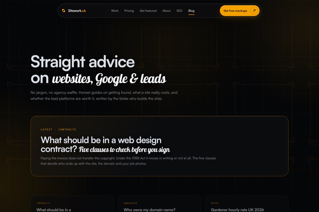The Sitework blog index, headed straight advice on websites, Google and leads, with the latest post featured.