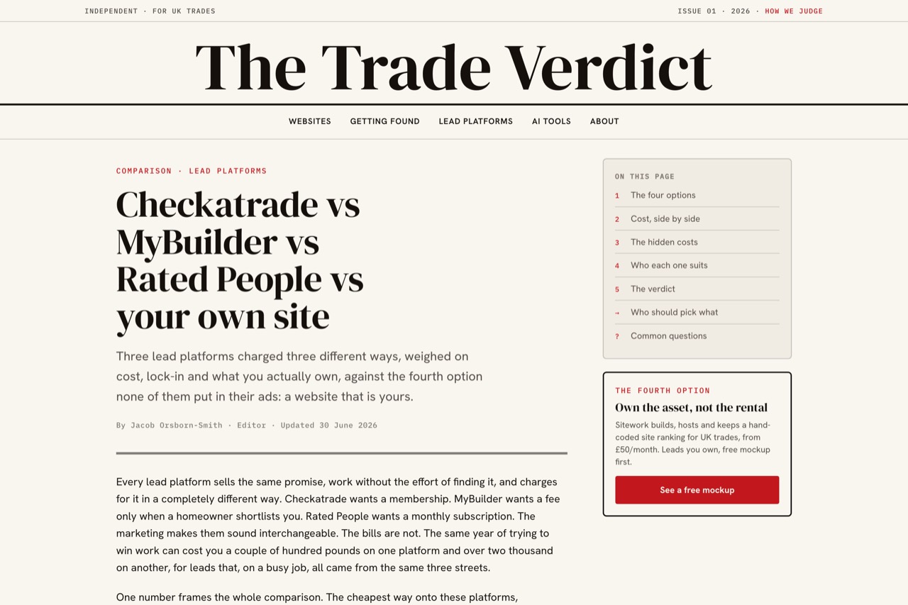 A published Trade Verdict comparison of Checkatrade, MyBuilder and Rated People, with a contents panel and editor byline.