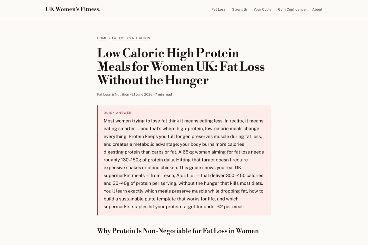 A published UK Women's Fitness guide on low calorie high protein meals, opening with a highlighted quick answer block.
