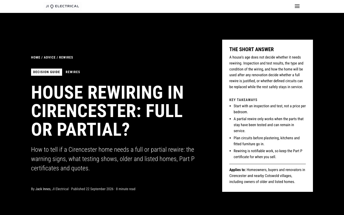 JI Electrical article on full or partial house rewiring in Cirencester, with a short answer and key takeaways.