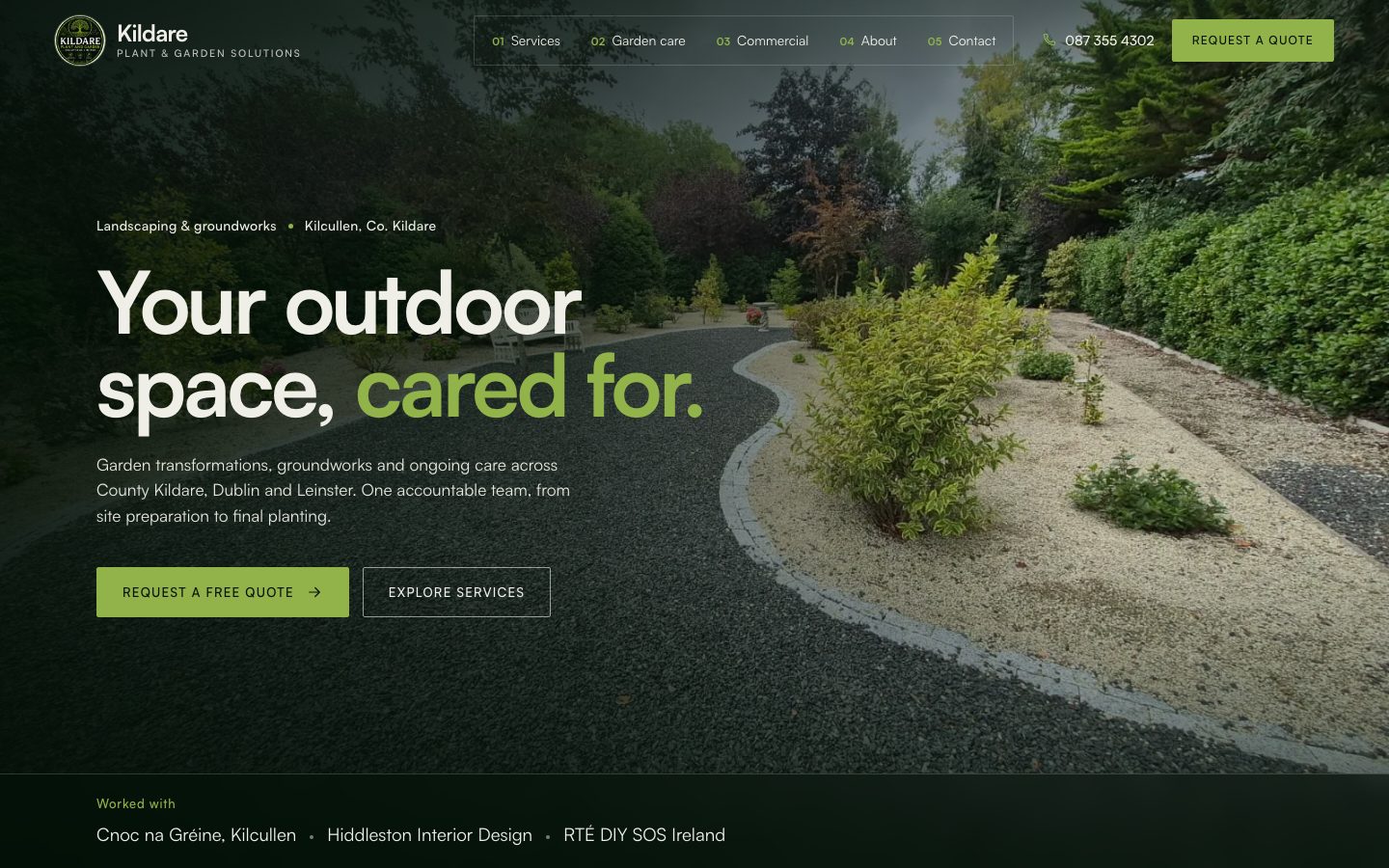 Kildare Plant and Garden homepage: a curved gravel garden path under the headline 'Your outdoor space, cared for.'