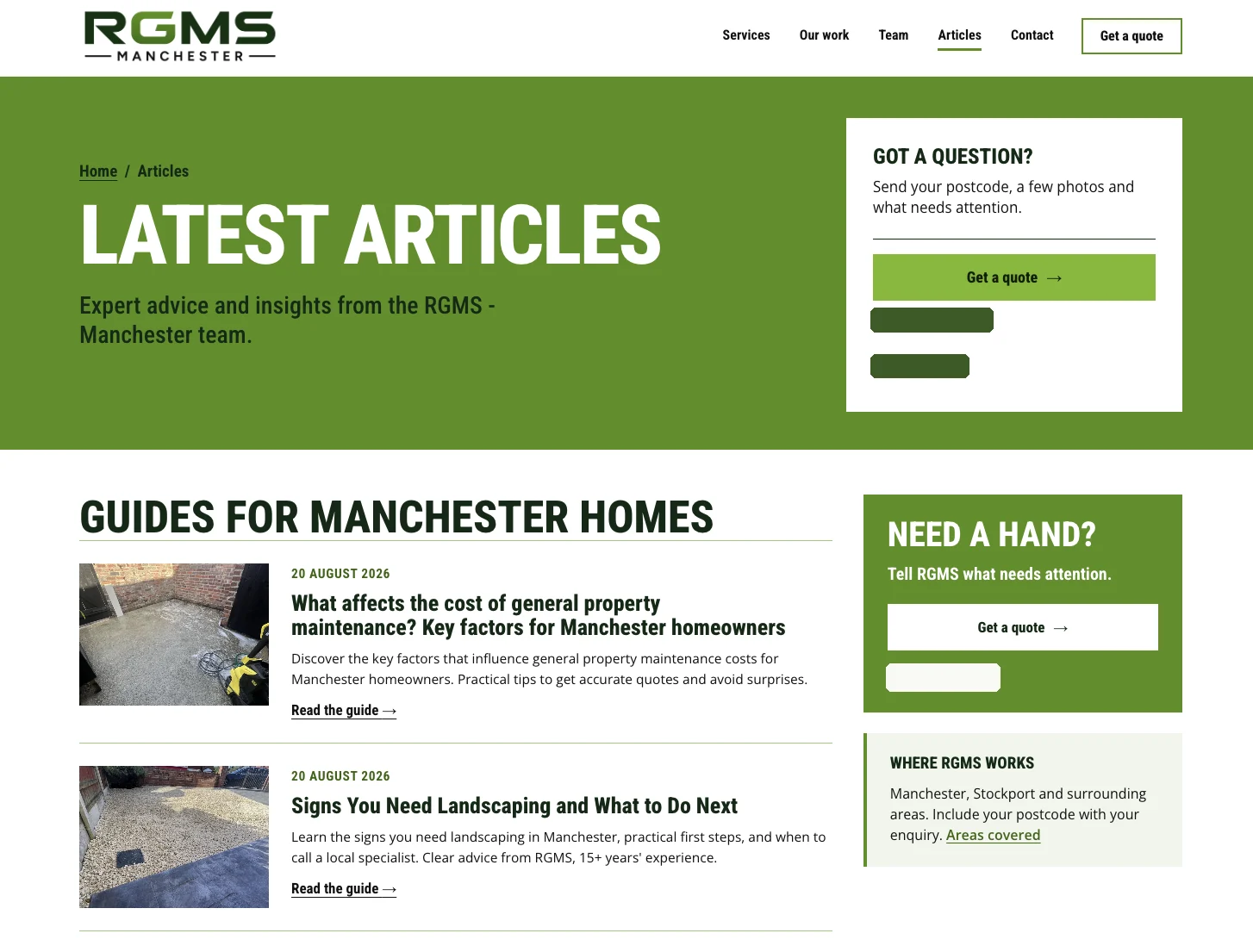 RGMS articles page: guides for Manchester homes with article cards and a quote panel.