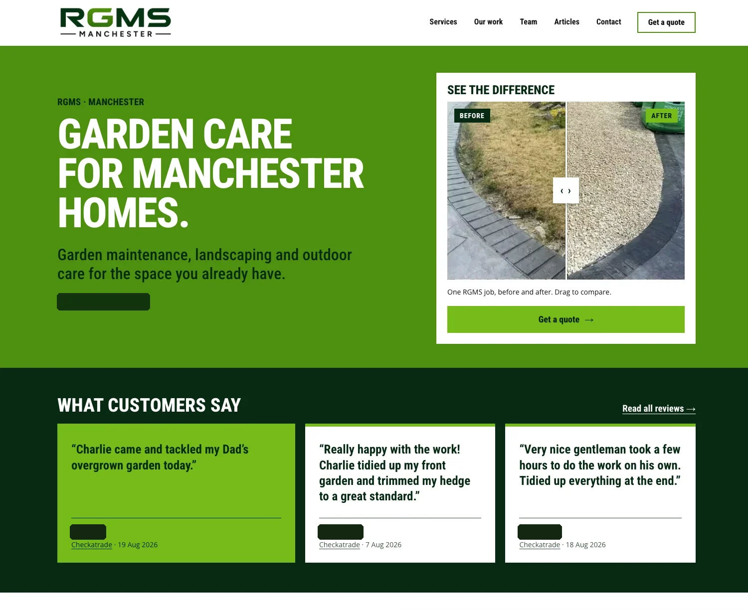 The new RGMS homepage: a bold green hero, a before and after slider of a gravel job, and three customer reviews.