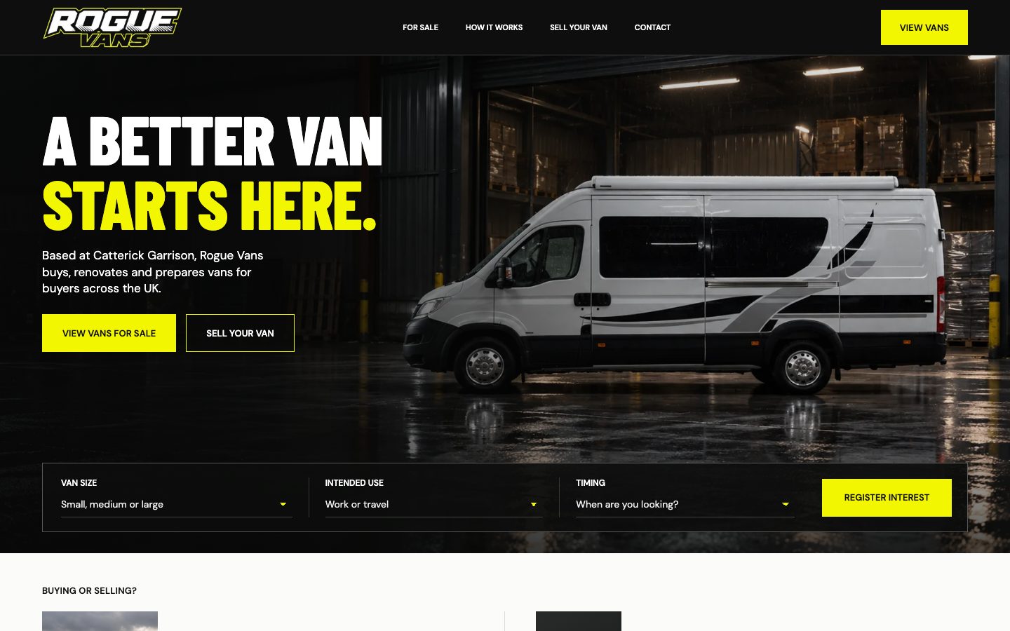 Rogue Vans website build showing a renovated campervan in a dark warehouse under the headline A better van starts here.