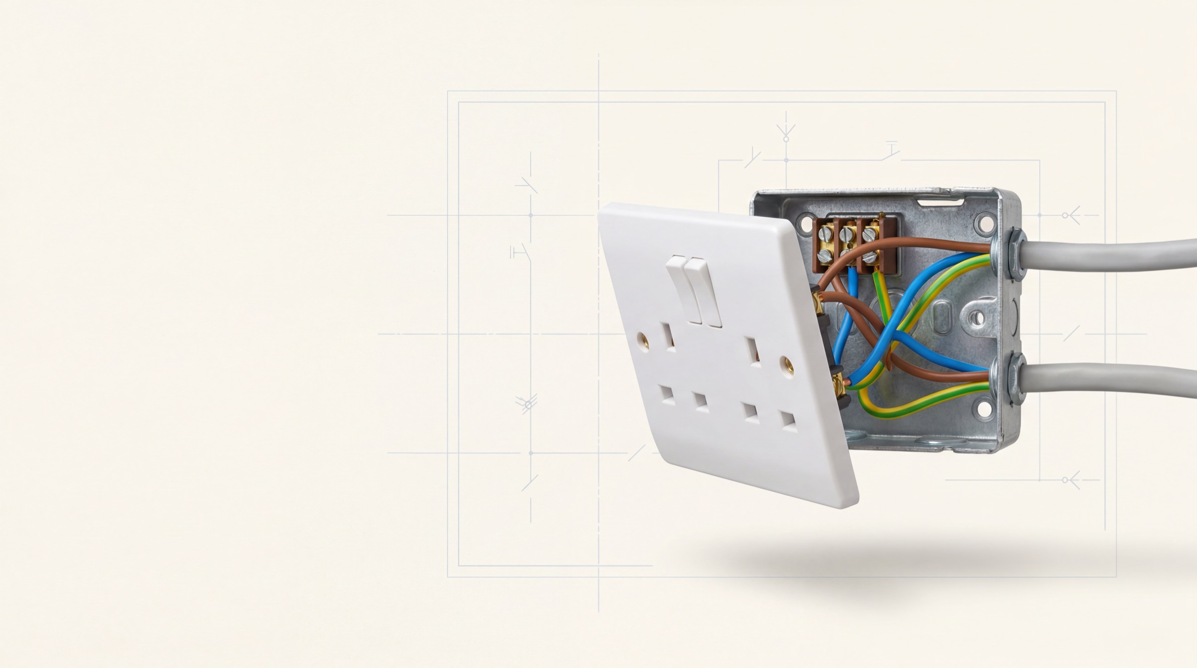 Double wall socket with the faceplate off, showing brown live, blue neutral and green and yellow earth on the terminals