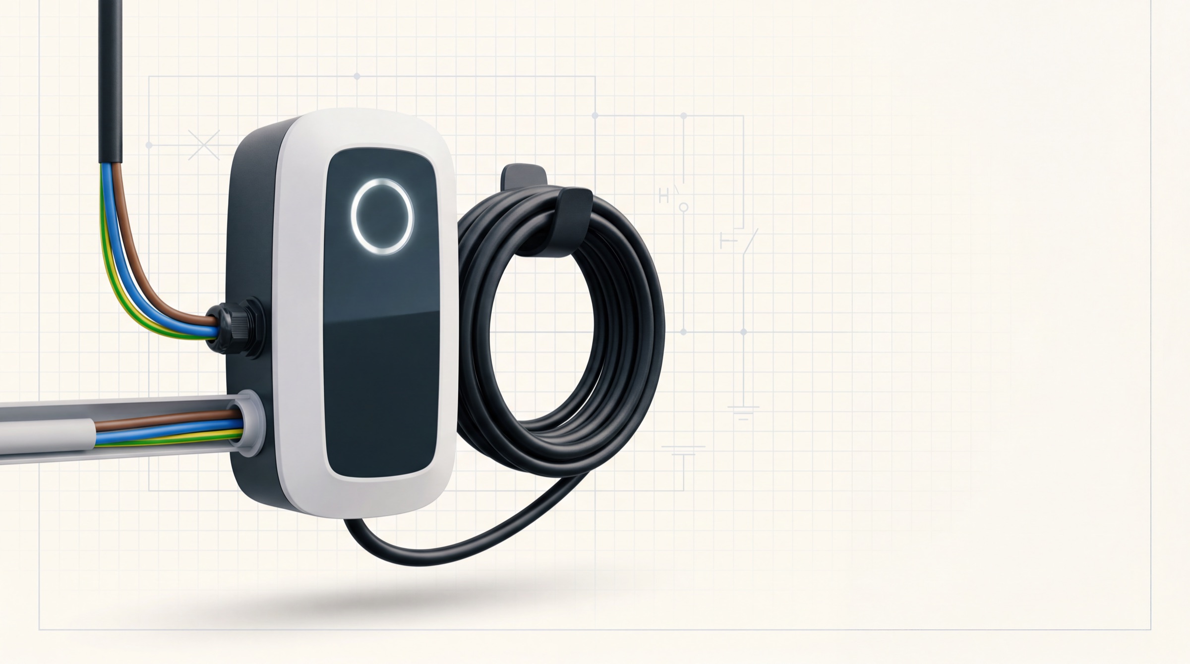 Wall mounted EV charger with the supply cable entering through a gland