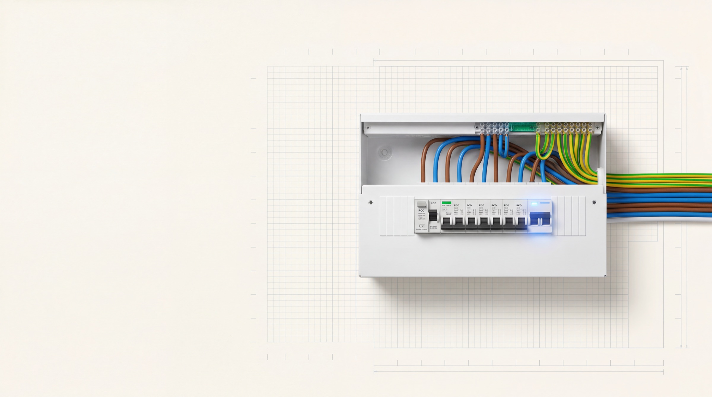 Brand new consumer unit with neatly loomed cables and labelled breakers, powered on