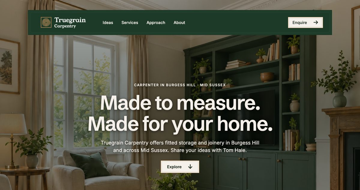 The finished Truegrain Carpentry home page built with the kit, with a slim header, a large photo of fitted joinery and a call button
