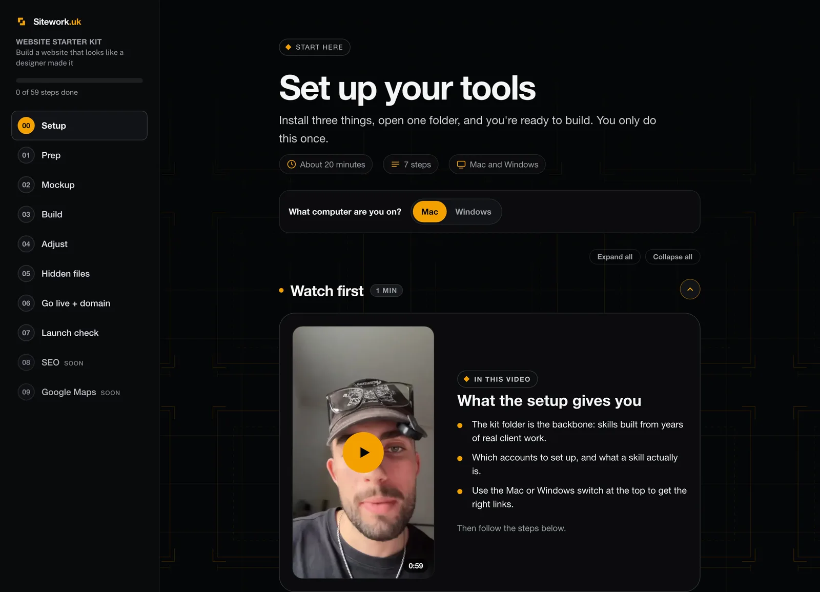 The course's first lesson: a sidebar of sections from Setup to Launch check, a Mac or Windows switch, and a one-minute video from Jacob on what the setup gives you
