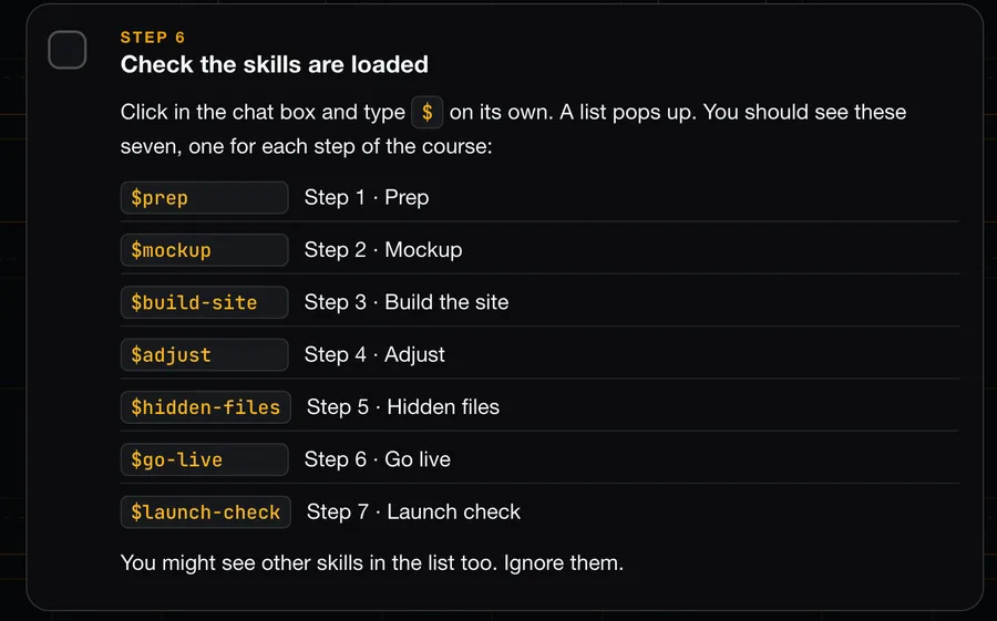 A lesson step listing the seven commands, from $prep to $launch-check, that appear when you type a dollar sign in Codex